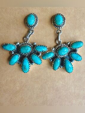 Kingman Turquoise Cluster Stamped 925 Sterling Silver Drop Earrings